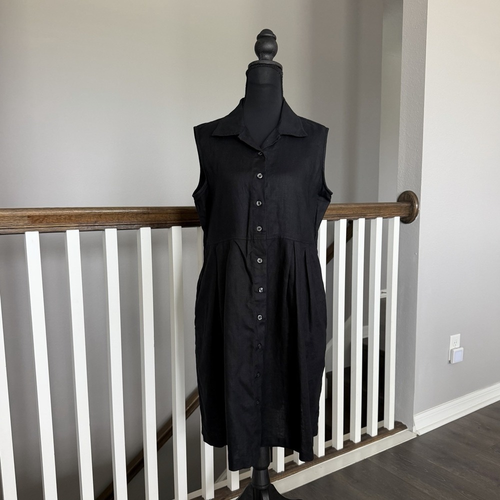 Eddie Bauer 100% Linen Sleeveless Black Shirt Dress Medium Minimalist Coastal